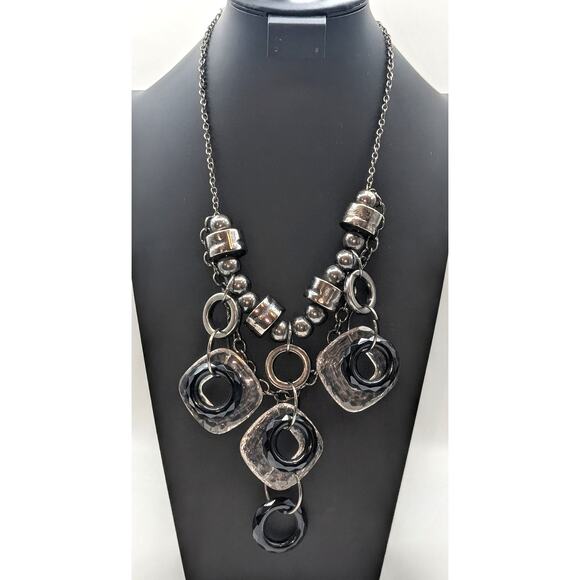 Chunky Geometrical Gun Metal Crackled Clear & Black Loopy Bead Chain Necklace - Picture 8 of 9